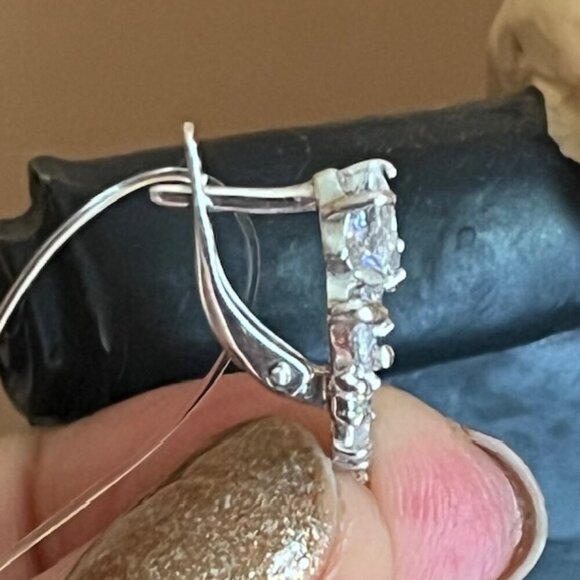 925 Sterling Silver Rhodium Plated Pear and Princess Cut CZ Dangle Earrings - Picture 9 of 14